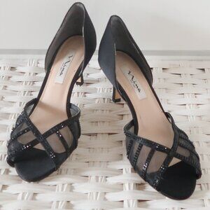 Nina Black Satin Open-Toe Heels with Sparkle Straps